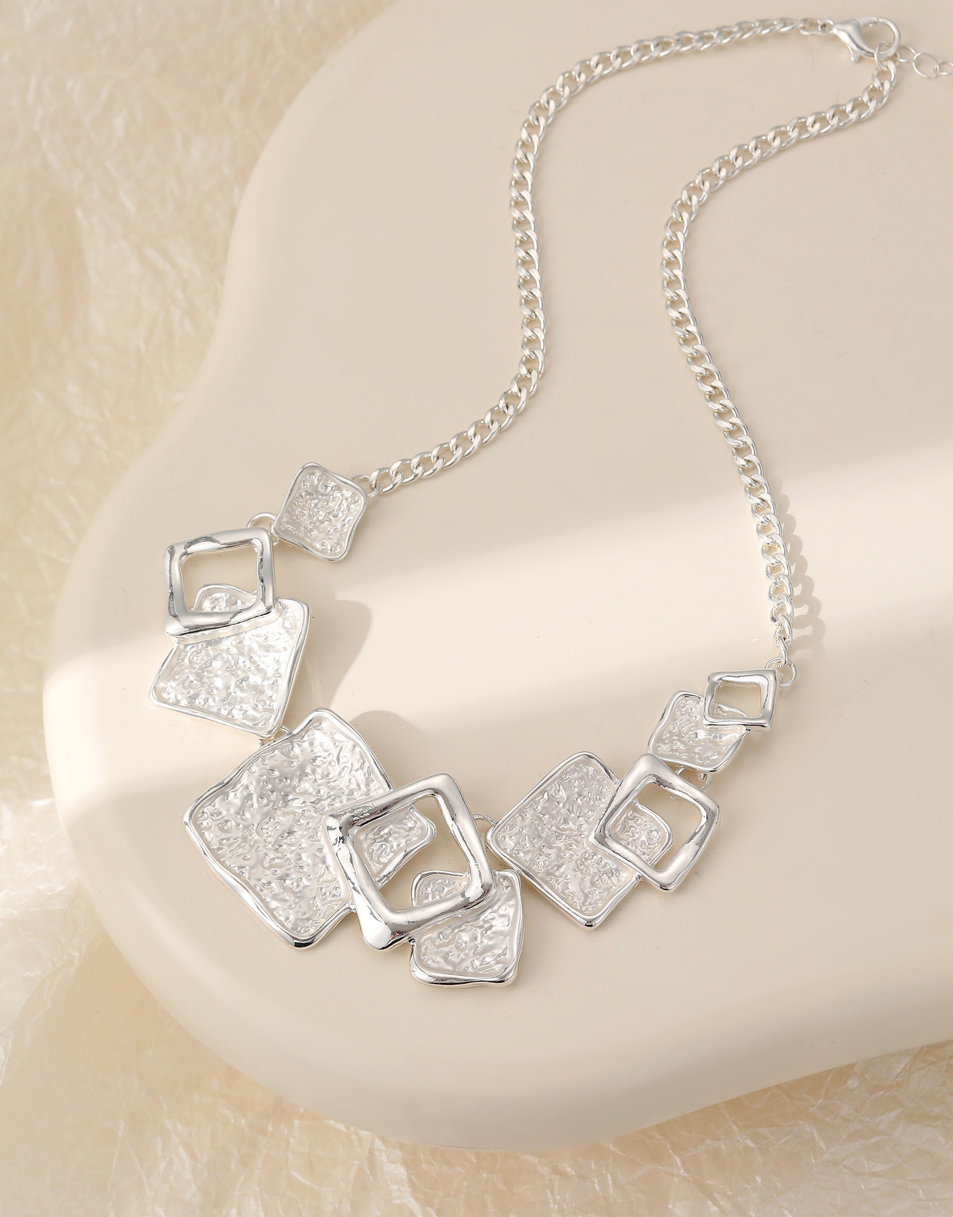 Gracee Jewellery - Textured Squares Silver Statement - Chain Necklace