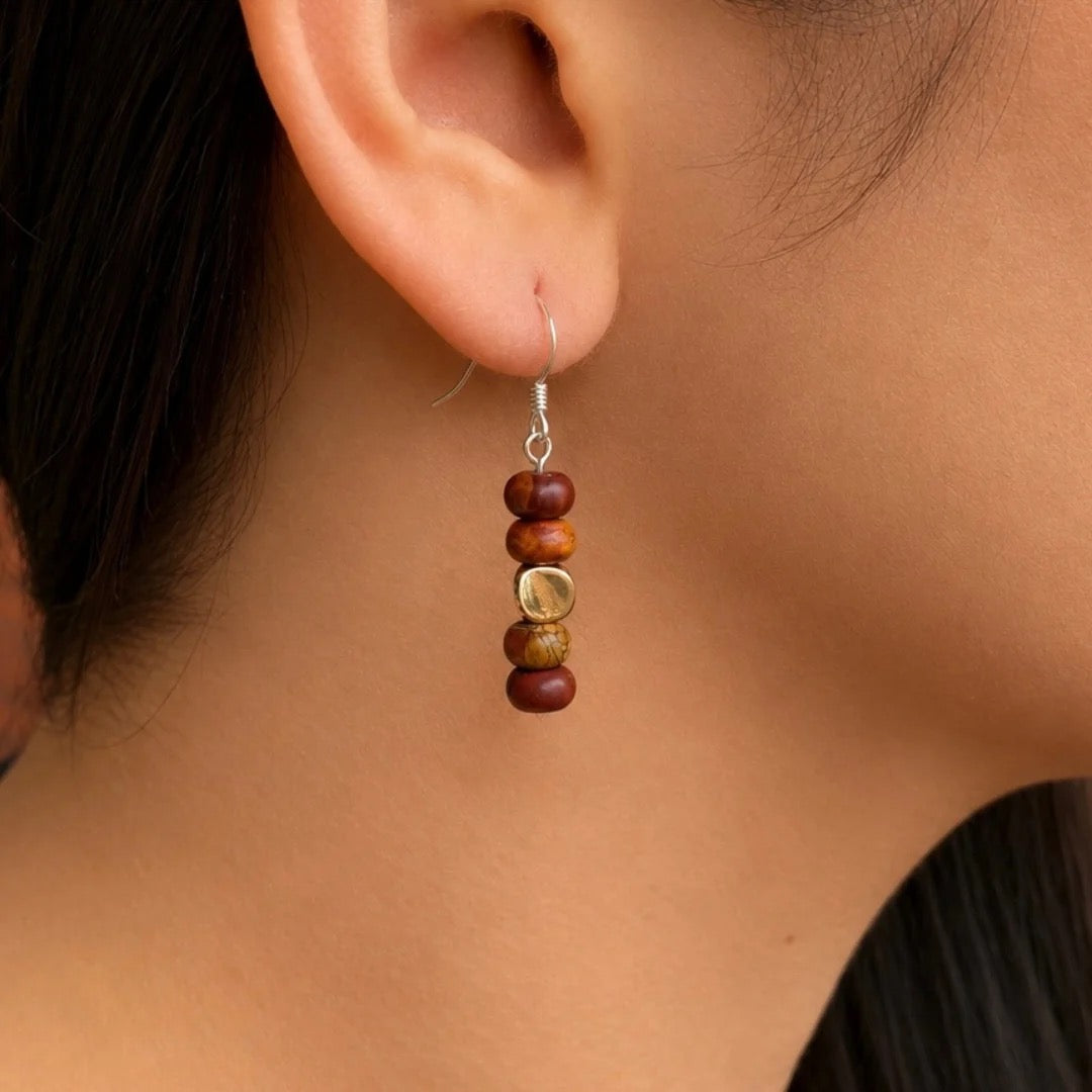 Carrie Elspeth - Natural Jasper Rondelle Stack Drop Earrings -Neutral Tones