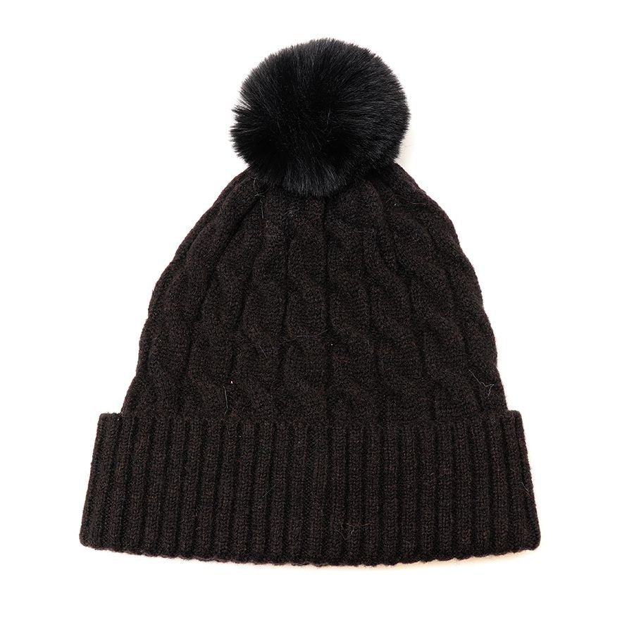 POM Black Cable Knit & Faux Fur Bobble Hat