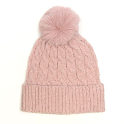 POM Pale Pink Cable Knit & Faux Fur Bobble Hat