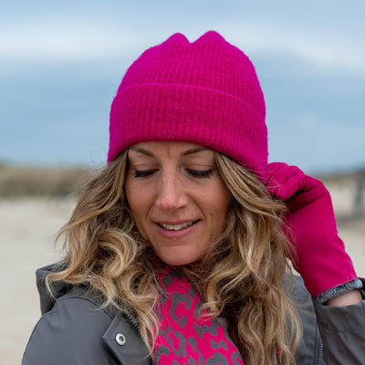 POM Recycled Fuchsia Pink Ribbed Beanie Hat