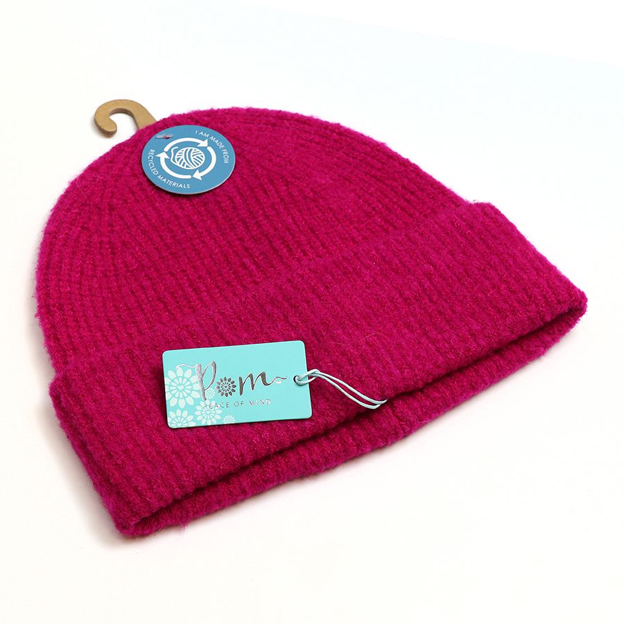 POM Recycled Fuchsia Pink Ribbed Beanie Hat