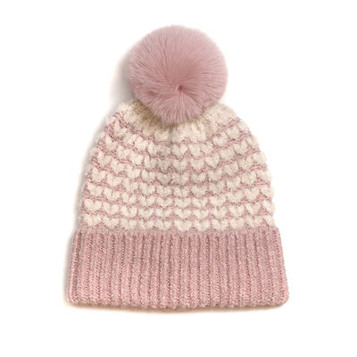 POM Pale Pink Mix Heart Scandi Knit Pom Pom Bobble Hat - Recycled Yarn