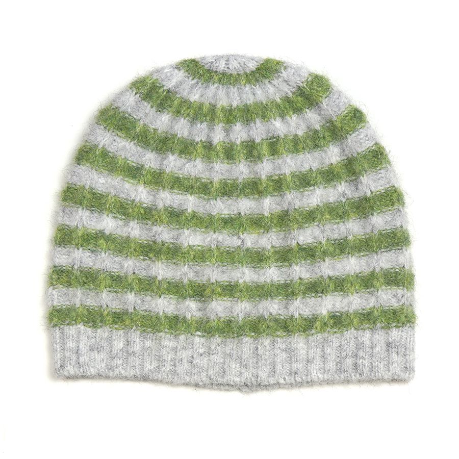 POM Mint Green & Grey Striped Recycled Wool Blend Beanie Hat