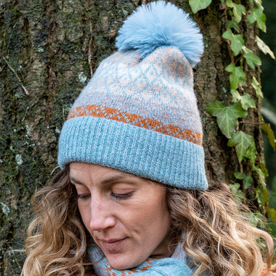 POM Light Blue/Rust/Grey Mix Recycled Blend Diamond Knit Bobble Hat