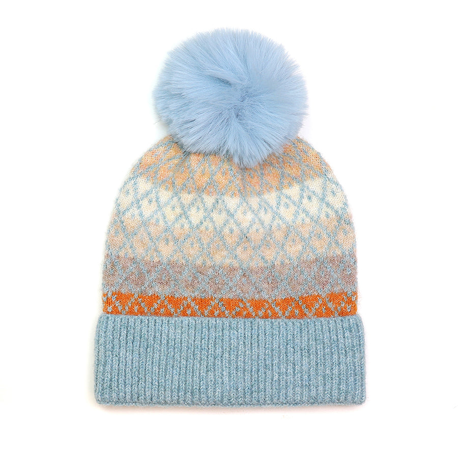 POM Light Blue/Rust/Grey Mix Recycled Blend Diamond Knit Bobble Hat