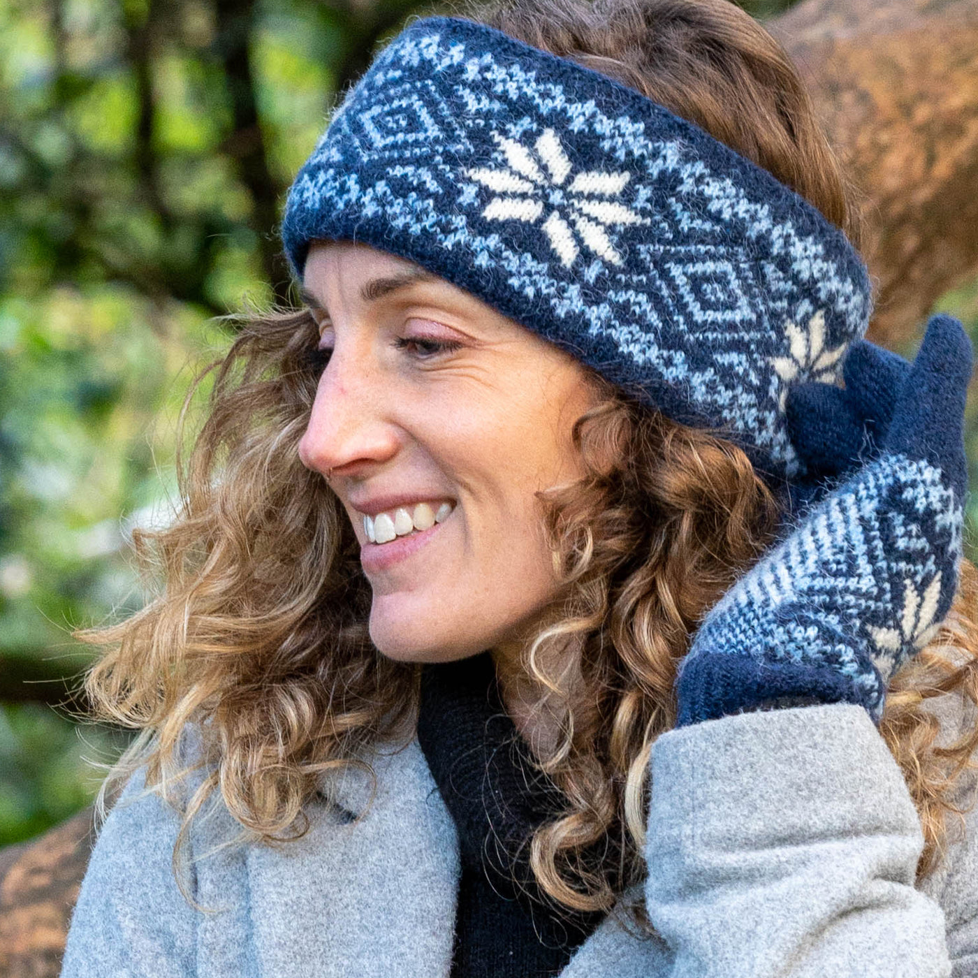 POM Navy Nordic Starflower Fleece Lined Recycled Cosy Headband