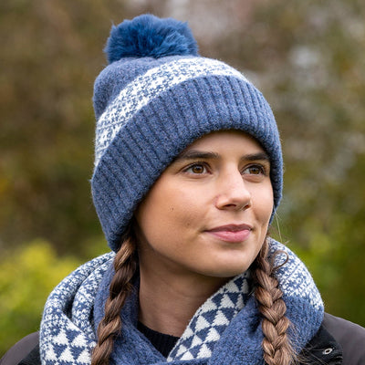 POM Dark Denim Blue Ribbed & Scandi Floral Recycled Yarn Bobble Hat