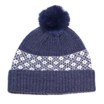 POM Dark Denim Blue Ribbed & Scandi Floral Recycled Yarn Bobble Hat