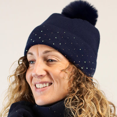 POM Deep Navy Blue Studded Diamante Embellished Knitted Bobble Hat