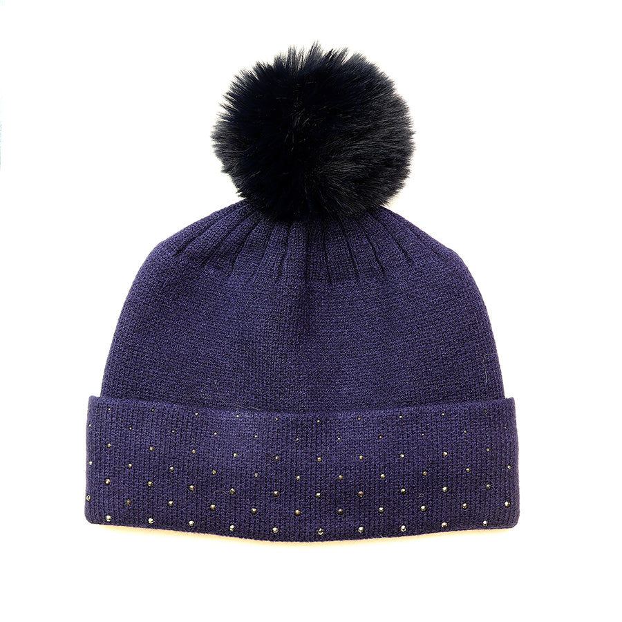 POM Deep Navy Blue Studded Diamante Embellished Knitted Bobble Hat