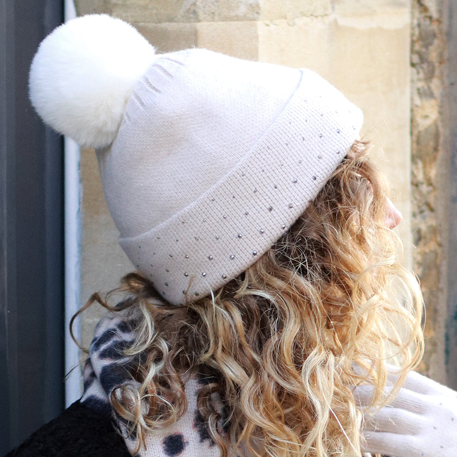 POM Oatmeal Studded Diamante Embellished Knitted Bobble Hat