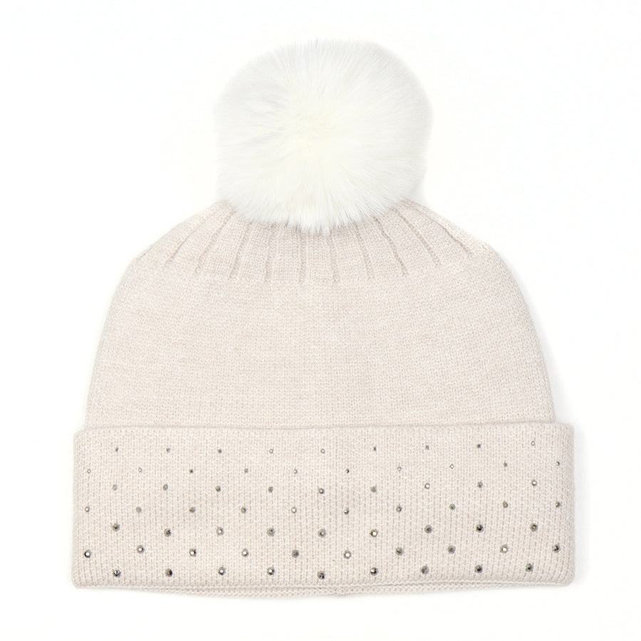 POM Oatmeal Studded Diamante Embellished Knitted Bobble Hat