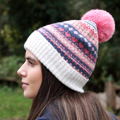 POM Cream/Denim/Coral Fairisle Print Knitted Wool Blend Pom Pom Bobble Hat