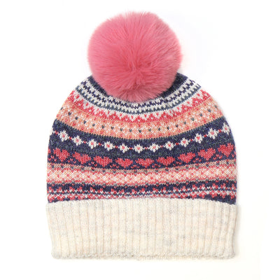 POM Cream/Denim/Coral Fairisle Print Knitted Wool Blend Pom Pom Bobble Hat