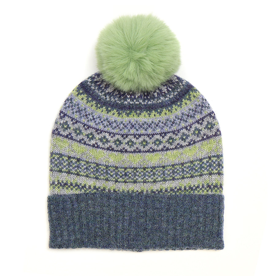 POM Denim/Soft Green Fairisle Print Knitted Wool Blend Pom Pom Bobble Hat