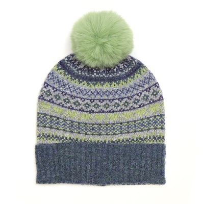 POM Denim/Soft Green Fairisle Print Knitted Wool Blend Pom Pom Bobble Hat