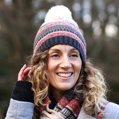 POM Oatmeal & Khaki Green Mix Lurex Weave Fairisle Bobble Hat