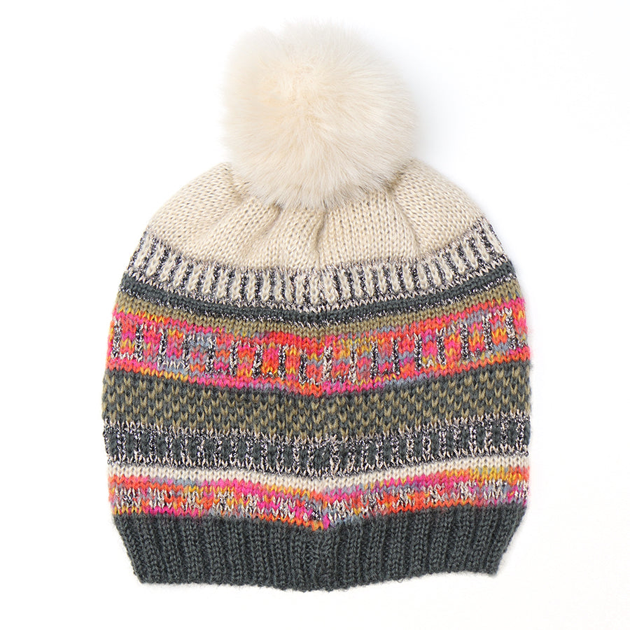 POM Oatmeal & Khaki Green Mix Lurex Weave Fairisle Bobble Hat