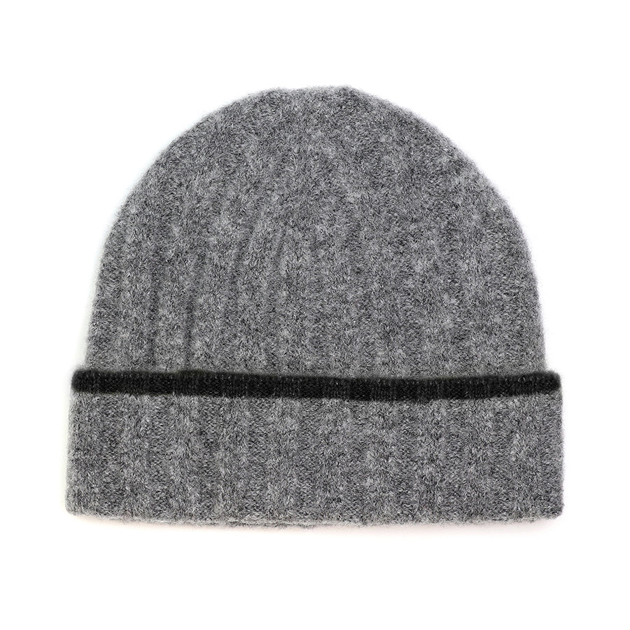 POM Men's Wool Ribbed Beanie Hat - Grey/Black