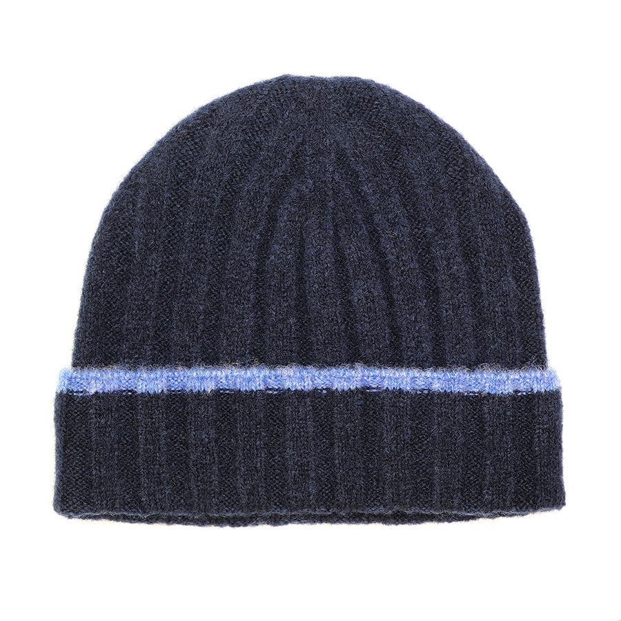 POM Men's Wool Ribbed Beanie Hat - Navy/Dusky Blue