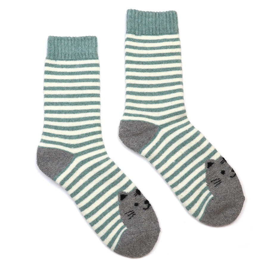 POM - Kitty - Cosy Duo Socks - Pack of 2 -Green Stripe/Green Multi