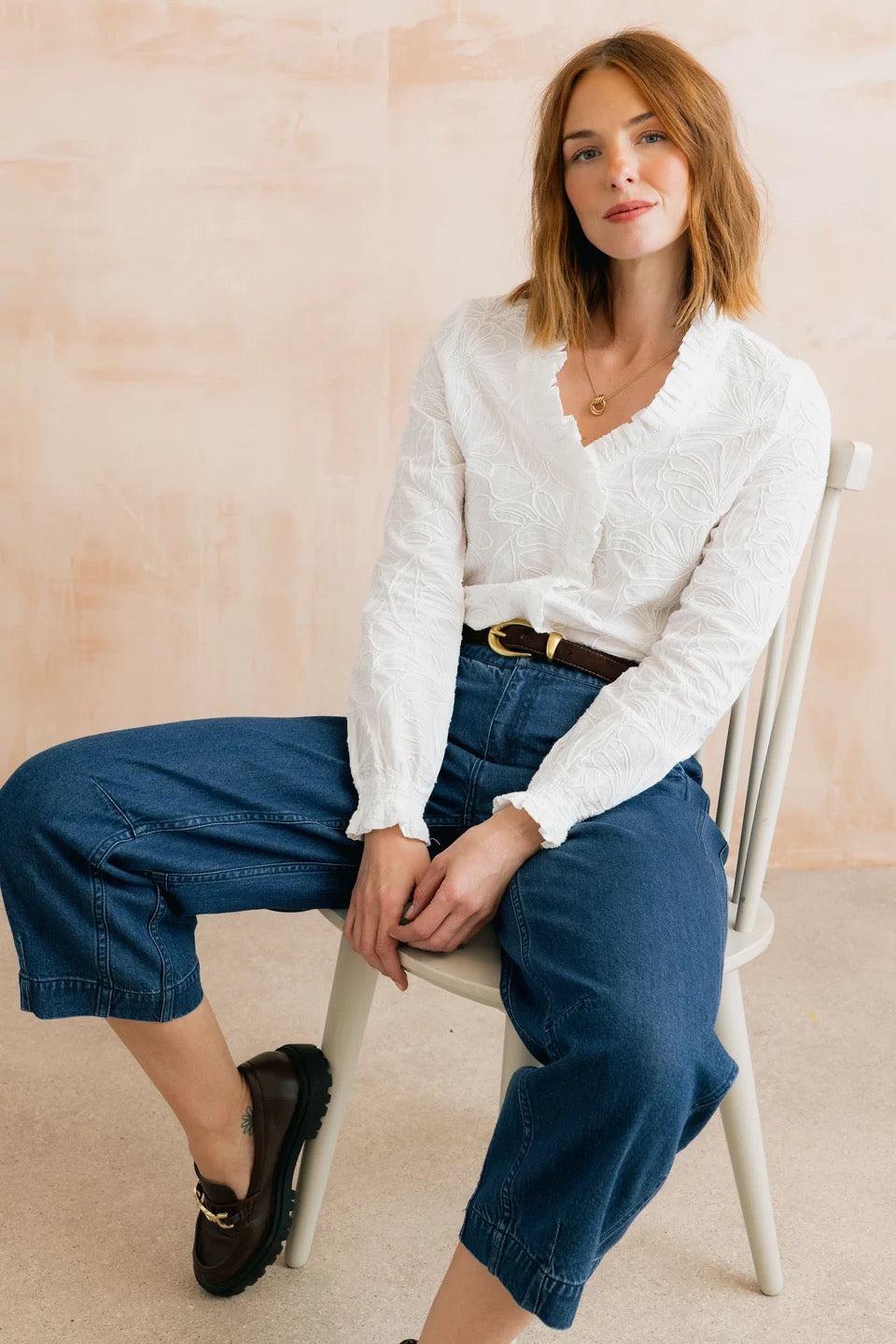Kit Ruffle Abstract Bloom Embroidered Blouse - White - Lily &amp; Me