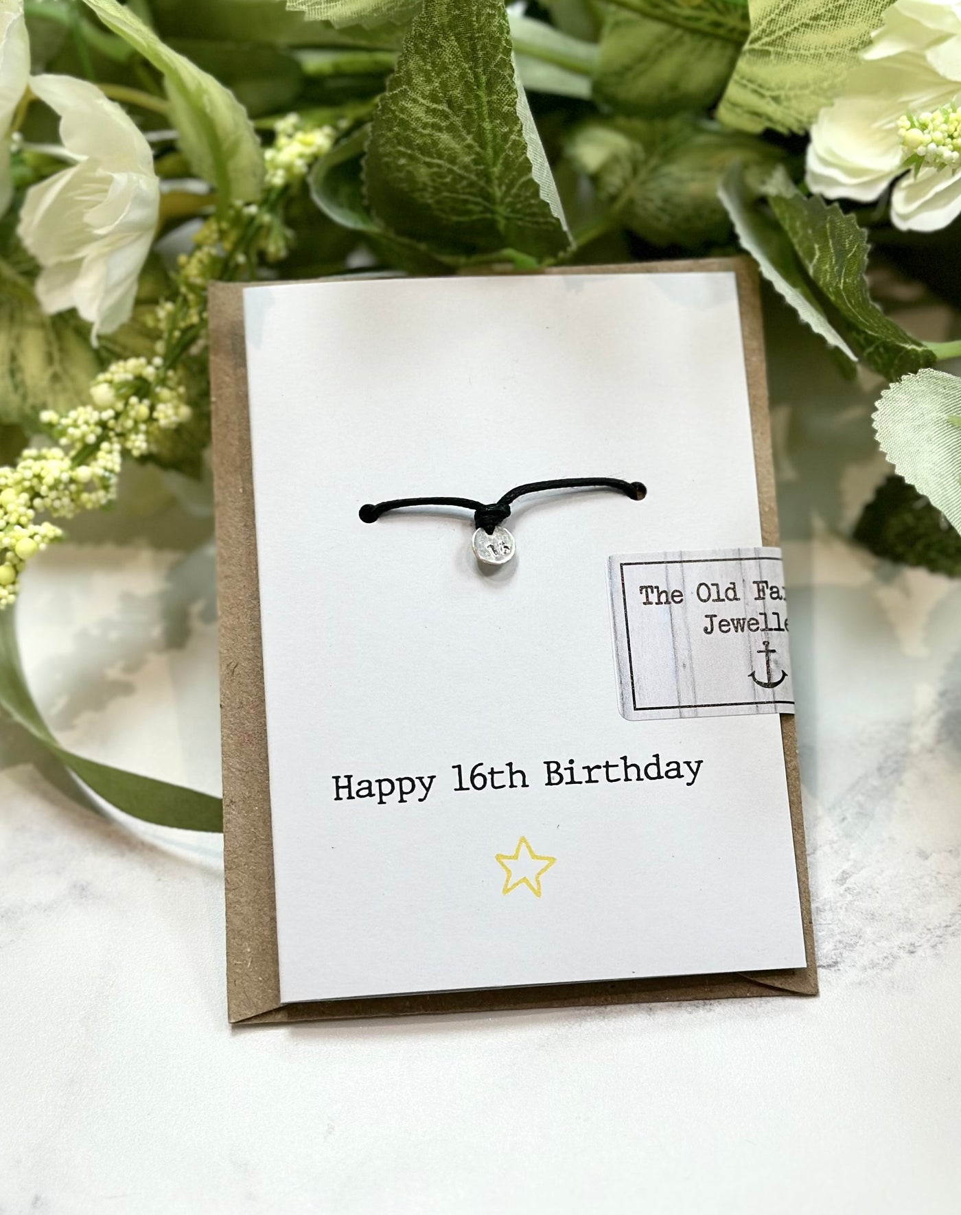 Happy 16th Birthday - 16 Stamped Disc Black Cord Wish Bracelet