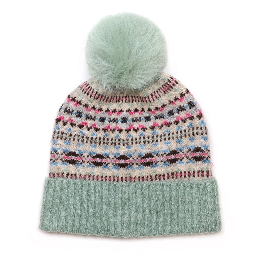 POM - Iris - Patterned Knit Cosy Bobble Hat - Oatmeal/Mint