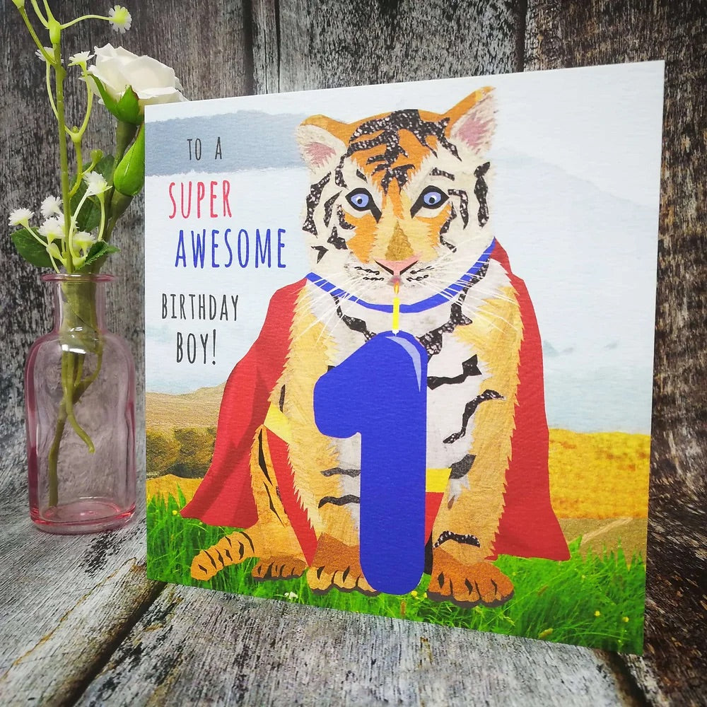 Flying Teaspoons Tiger Super Awesome 1st Birthday Card