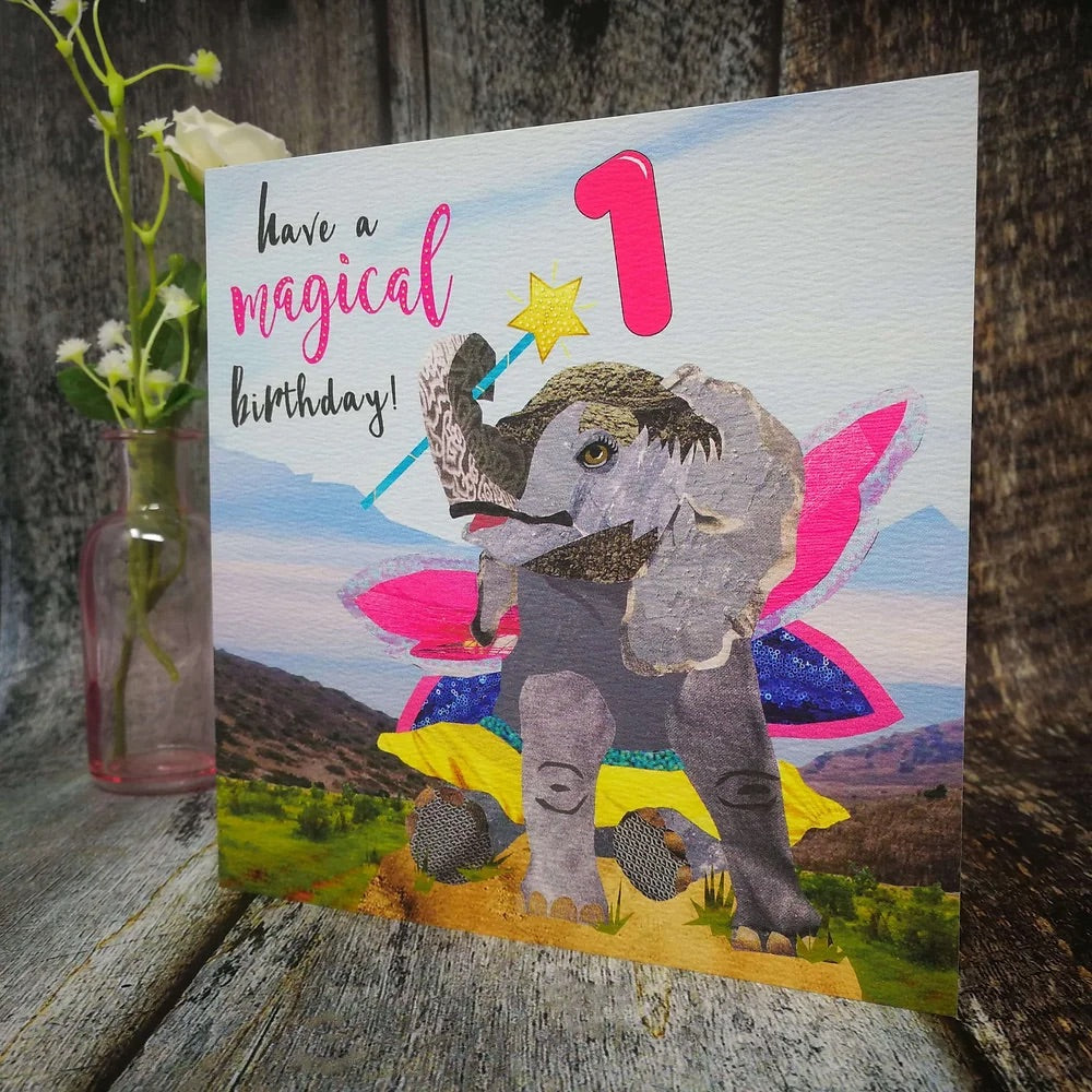 Flying Teaspoons Elephant Magical 1st Birthday Card