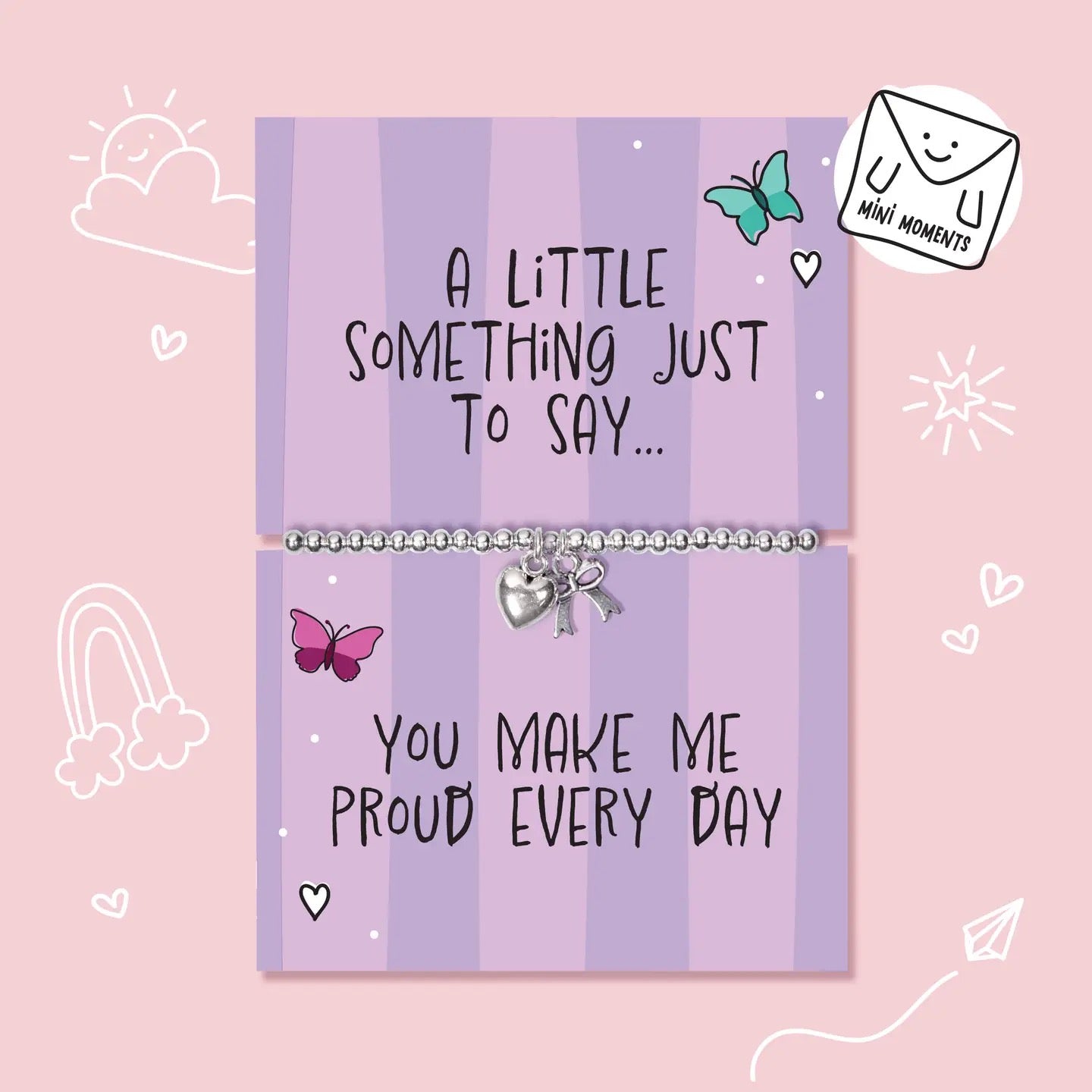 Letterbox Love -Proud Everyday - Heart &amp; Bow - CHILDREN'S - Silver Plated Stretch Bracelet