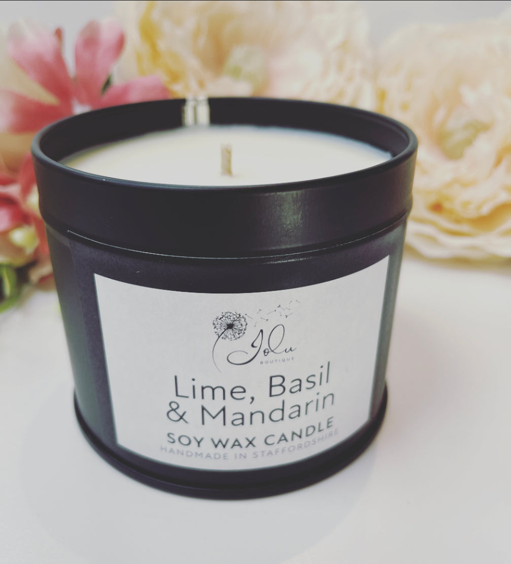 Jolu Boutique Lime, Basil & Mandarin Soy Wax Candle - Black Tin