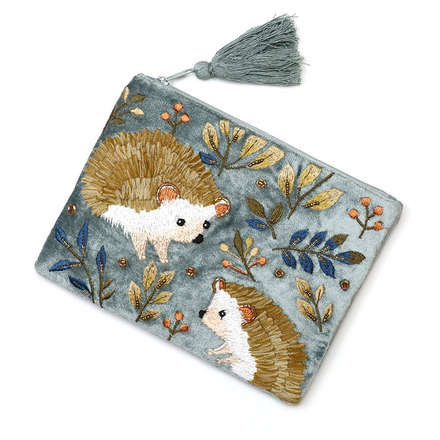 POM - Grey Velvet - Hedgehogs - Embroidered Zip Top Pouch with Tassel