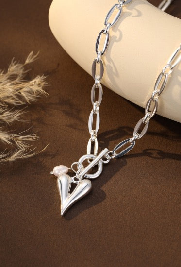 Gracee Jewellery -  Large Paperlink Silver Statement- Heart &amp; Pearl Charm- T-Bar Necklace