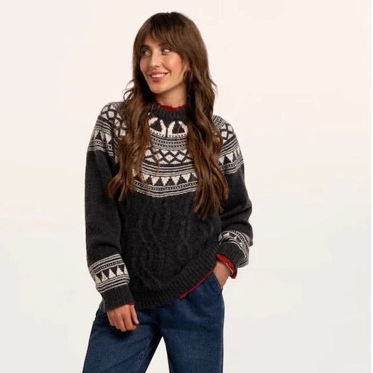 Brakeburn - Frida - Fairisle Knitted Crew Neck Jumper - Charcoal Grey/Cream