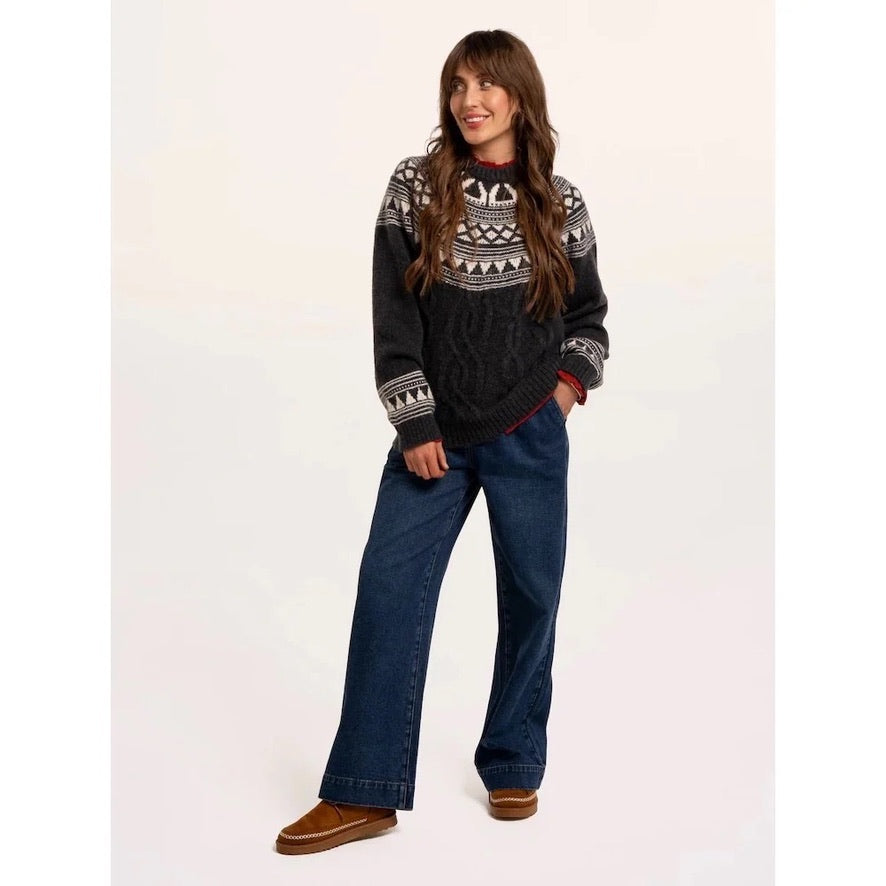 Brakeburn - Frida - Fairisle Knitted Crew Neck Jumper - Charcoal Grey/Cream