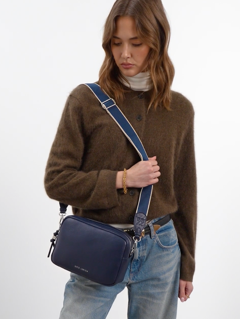 Katie Loxton - Lottie - Large Double Zip Crossbody Bag - Navy Blue (Silver Fittings)