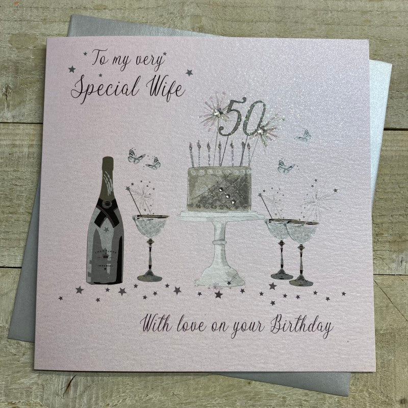 Special Wife 50th Birthday Pink LARGE Card - White Cotton Cards