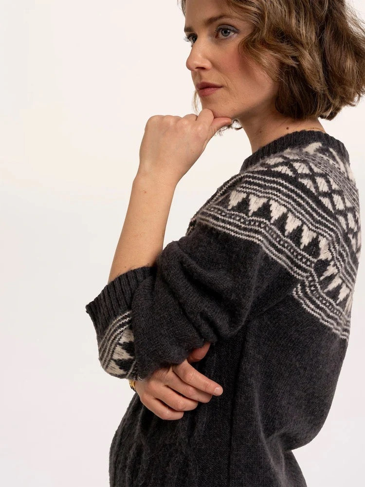 Brakeburn - Frida - Fairisle Knitted Crew Neck Jumper - Charcoal Grey/Cream