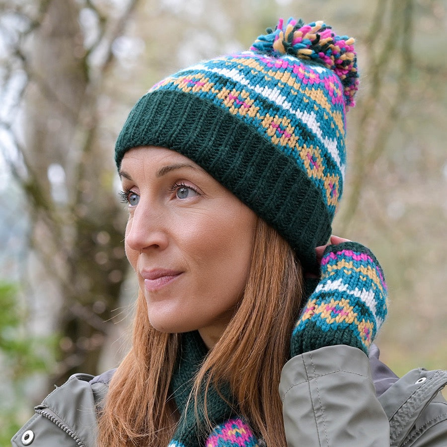 POM - Valentina - Patterned Chunky Knit Bobble Hat - Dark Green/Camel/Mix