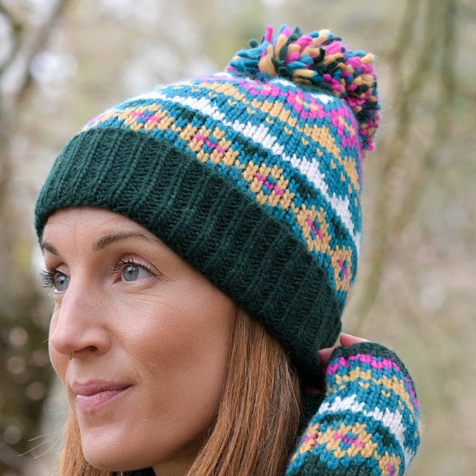 POM - Valentina - Patterned Chunky Knit Bobble Hat - Dark Green/Camel/Mix