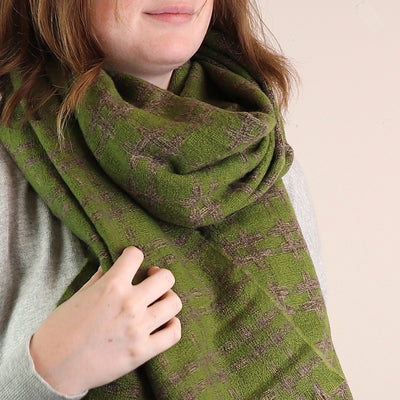 POM Dark Olive Green Crosshatch Weave Winter Cosy Scarf