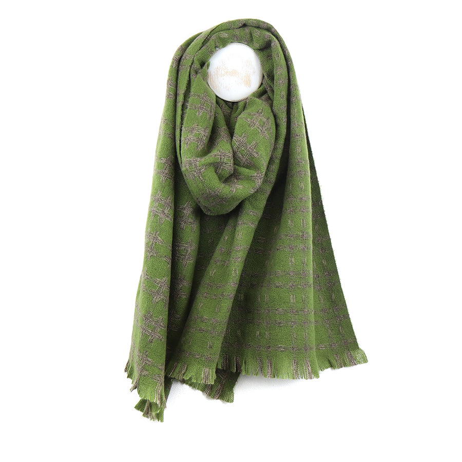 POM Dark Olive Green Crosshatch Weave Winter Cosy Scarf