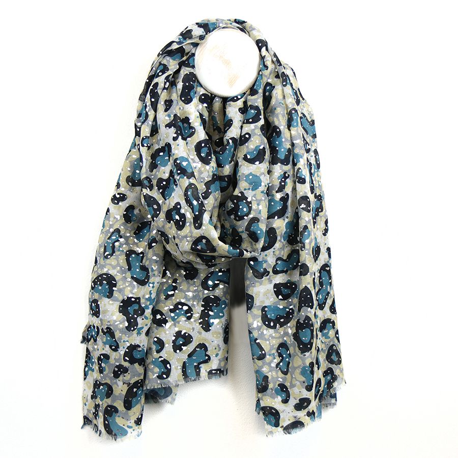 POM Blue Mix Animal Print Scarf with Gold Speckle Foil Overlay