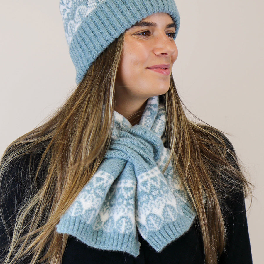 POM Duck Egg Blue Fair Isle Knit Pull Through Scarf