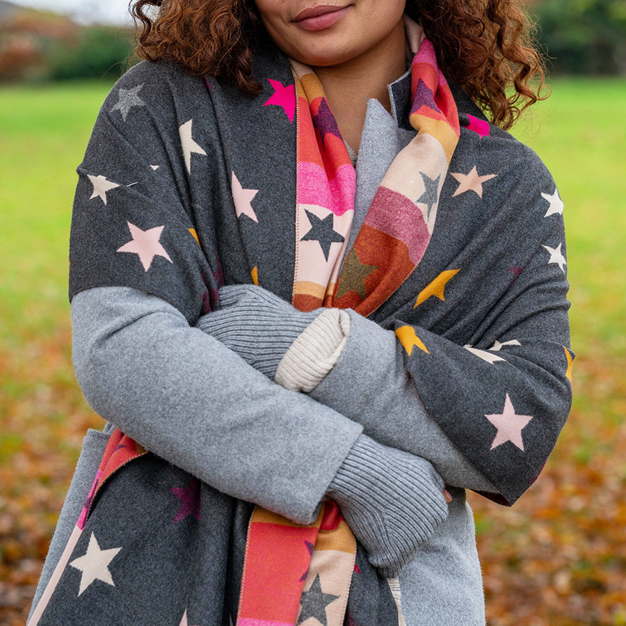 POM Coral/Grey Multicoloured Mix Star & Stripe Jacquard Scarf