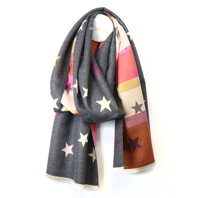 POM Coral/Grey Multicoloured Mix Star & Stripe Jacquard Scarf