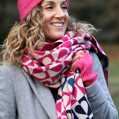 POM Magenta Pink & Navy Geo Hearts Reversible Jacquard Scarf