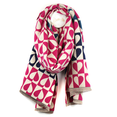 POM Magenta Pink & Navy Geo Hearts Reversible Jacquard Scarf